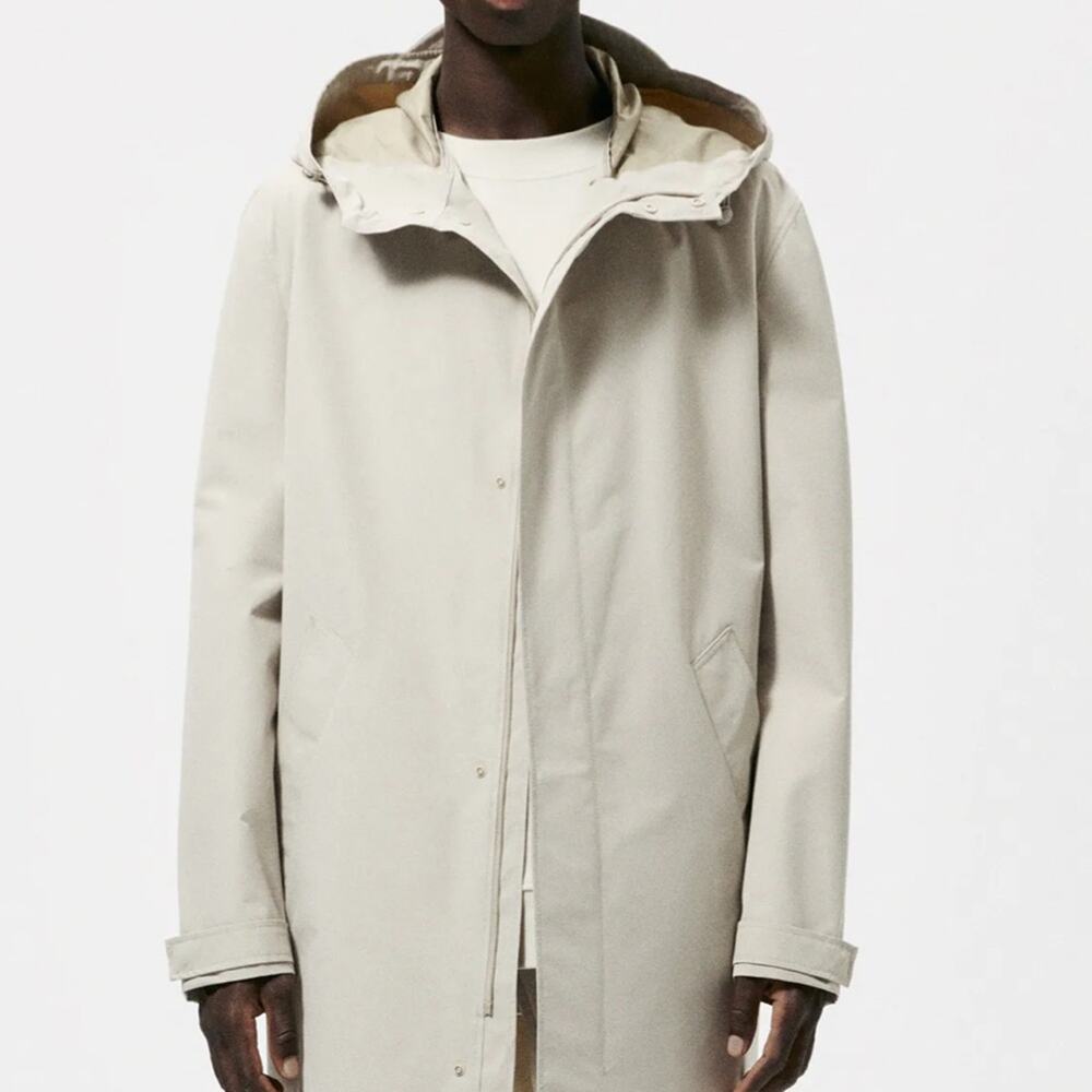 NEW Zara Men’s Water Repellent Hooded Jacket Khaki Cream Rain Coat NWT